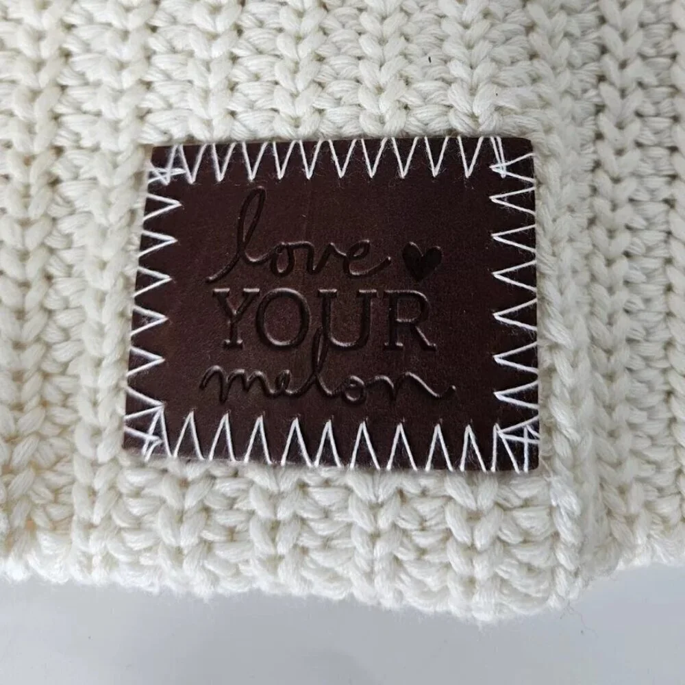 LOVE YOUR MELON One Size Beanie Knit Hat Foldover Patch Logo Cotton Cuffed Beige